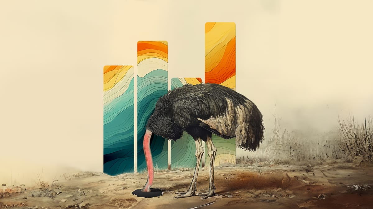 Illustration of An ostrich hiding her head into the floor, in the background a colorful bar chart in the style of vintage bot